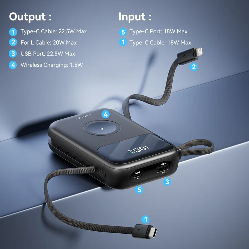 10,000mAh Portable Power Bank with Built-in Cable